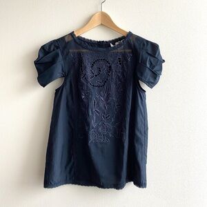 Tibi Embroidered Mesh Front Short Sleeve Blouse